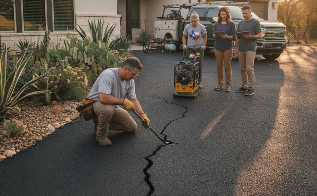 Team of asphalt repair professionals fixing deep cracks in a Texas residential driveway with specialized tools and equipment. Workers inspecting pavement condition near a home with desert landscaping