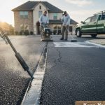 Workers are repairing a residential asphalt driveway in Texas using professional sealing equipment to prevent cracks and weather damage. Green pickup truck and brick home in the background under morning sunlight.