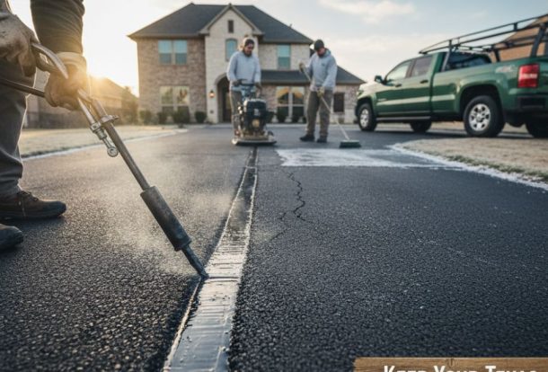 Workers are repairing a residential asphalt driveway in Texas using professional sealing equipment to prevent cracks and weather damage. Green pickup truck and brick home in the background under morning sunlight.