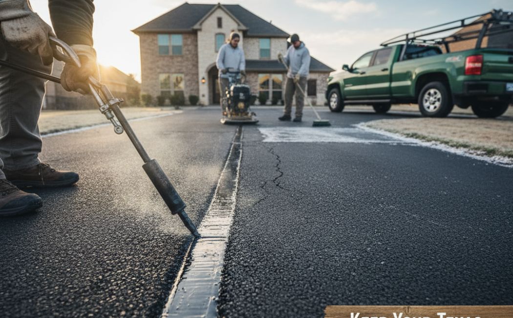 Workers are repairing a residential asphalt driveway in Texas using professional sealing equipment to prevent cracks and weather damage. Green pickup truck and brick home in the background under morning sunlight.