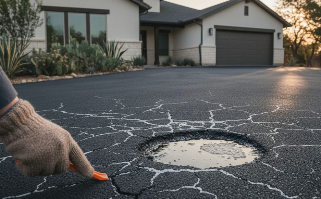 Woman inspecting a large pothole and cracked asphalt driveway outside a Texas home, preparing for affordable repair and maintenance. Green truck and desert landscaping in the background