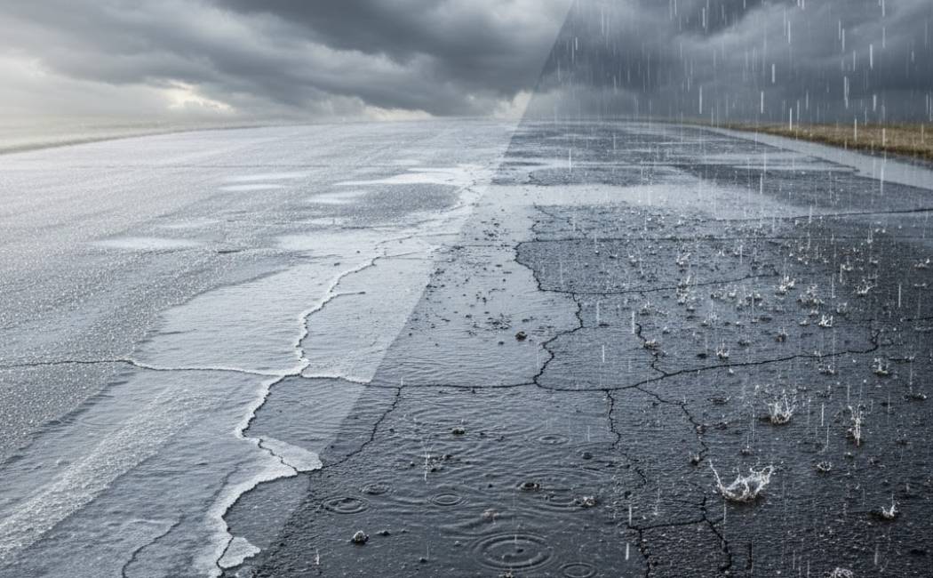 Asphalt pavement stressed by Texas weather with visible freezing, melting, and rainfall causing cracks and early eterioration.