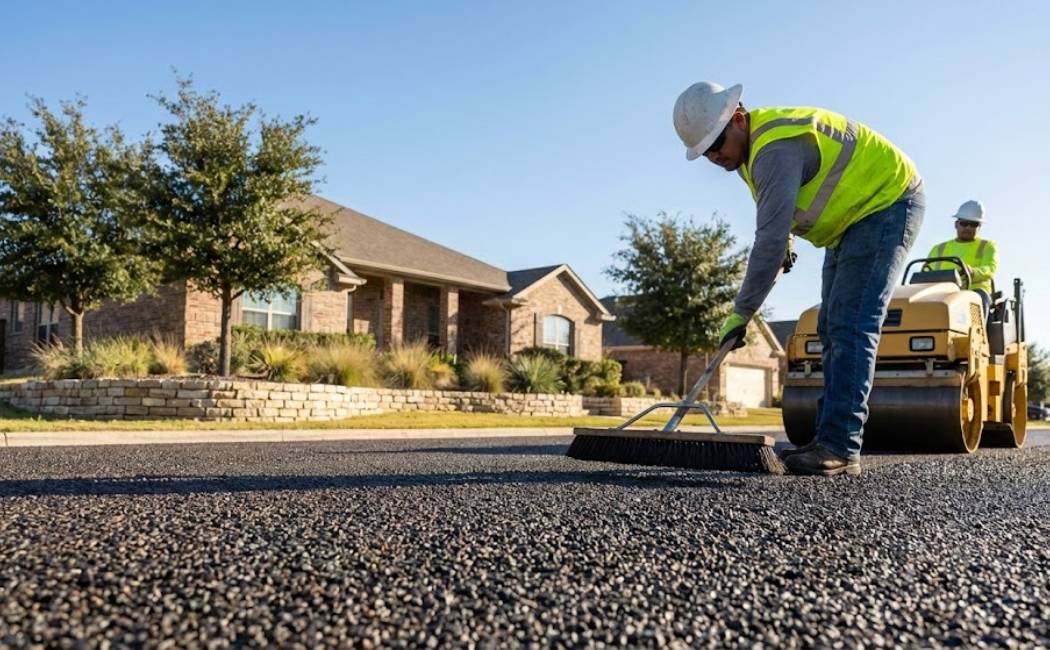 Chip-seal crew applying new aggregate to a Texas driveway, showing textured surface and compact roller.