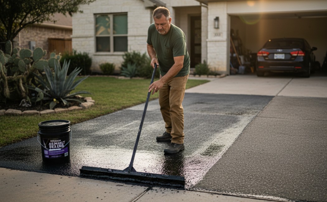 A homeowner applying asphalt sealer to a residential driveway for maintenance and protection in front of a suburban house.