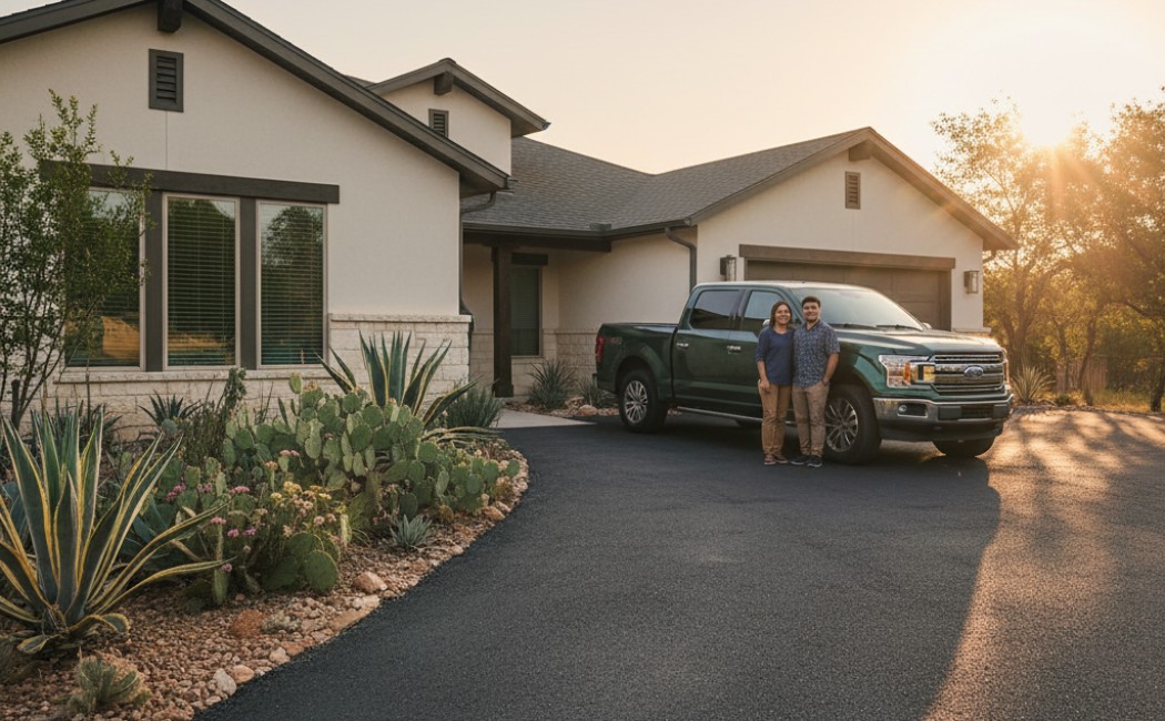 A couple standing beside their pickup truck on a newly paved recycled asphalt driveway in front of a modern Texas home at sunset.