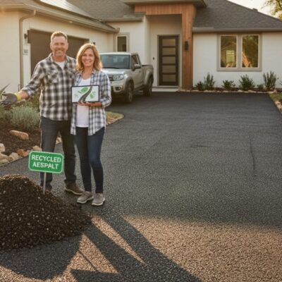 A couple standing on a freshly paved recycled asphalt driveway in front of their modern Texas home, showcasing eco-friendly driveway materials.