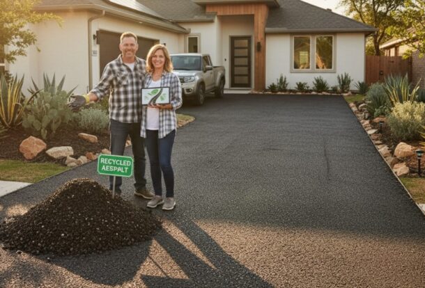 A couple standing on a freshly paved recycled asphalt driveway in front of their modern Texas home, showcasing eco-friendly driveway materials.