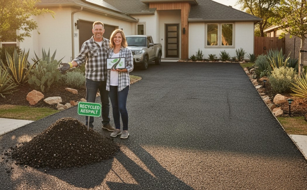 A couple standing on a freshly paved recycled asphalt driveway in front of their modern Texas home, showcasing eco-friendly driveway materials.
