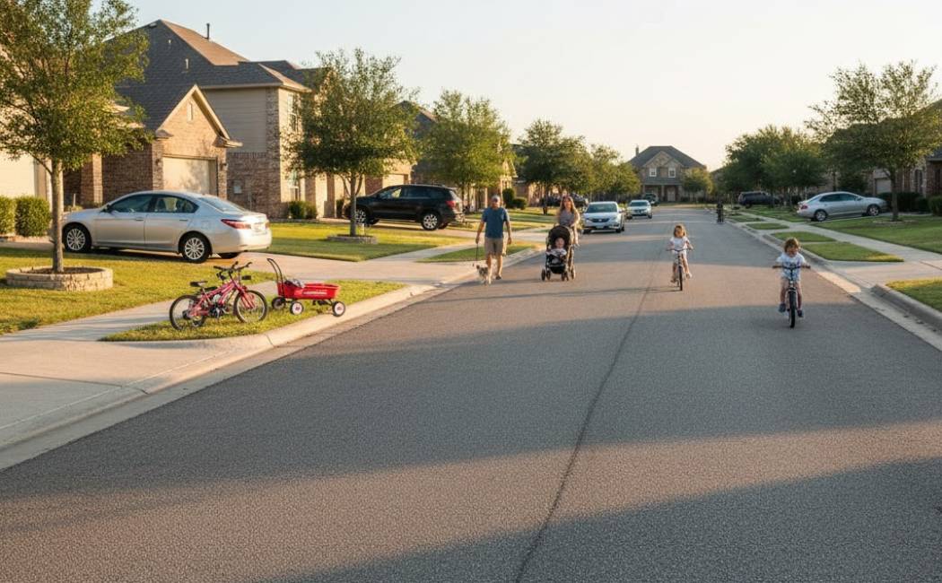  Suburban Texas street after chip sealing, showing quick community recovery and minimal disruption.