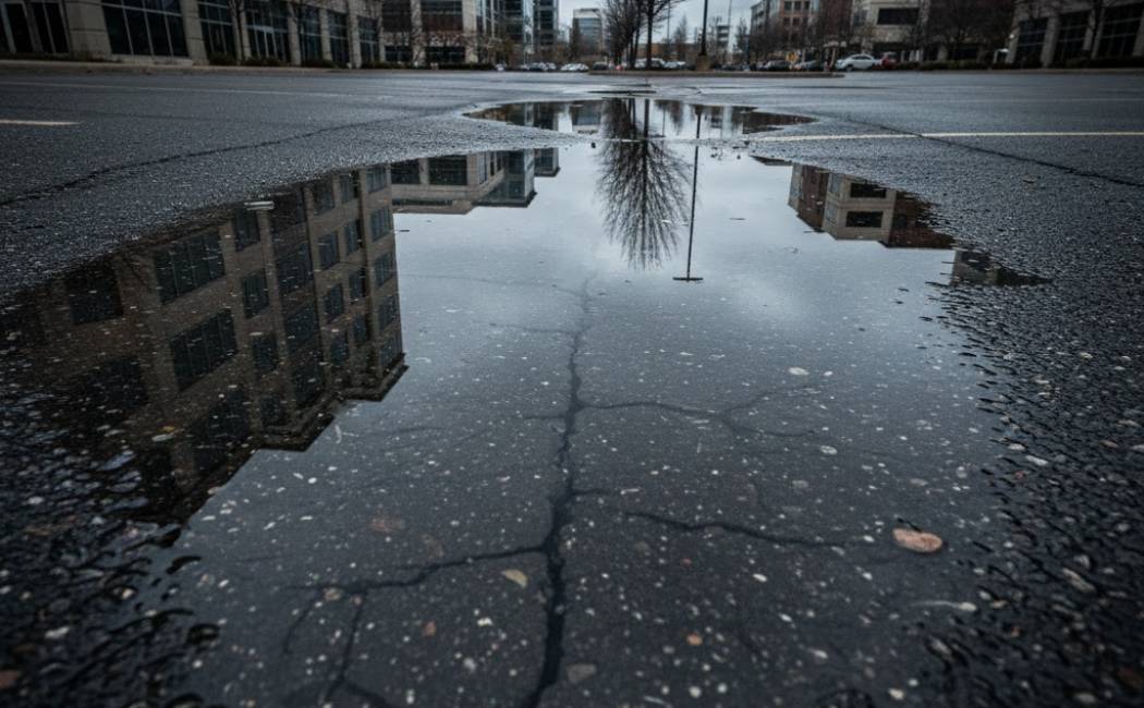 Puddle and standing water on the asphalt parking lot showing poor drainage