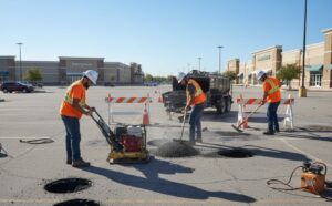 Pothole repair and asphalt patching in a Fort Worth shopping center parking lot.