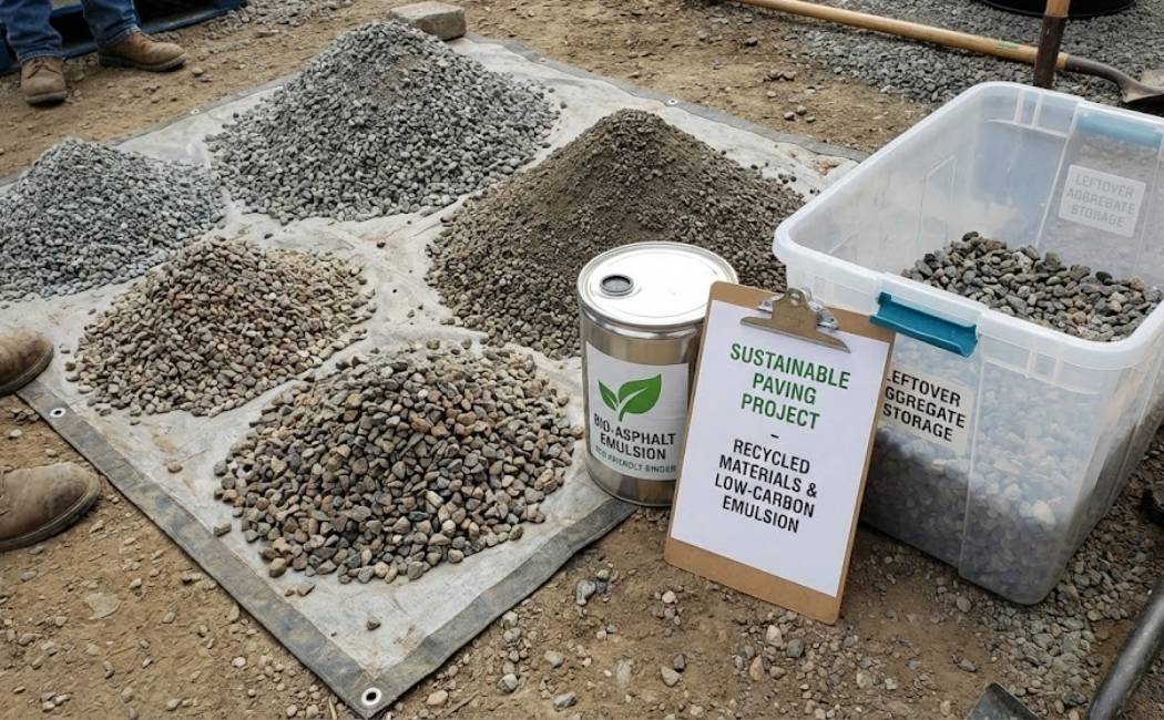 Piles of chip-seal aggregate and a drum of asphalt emulsion staged neatly at a job site. 