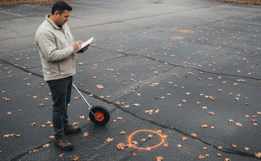 Property manager inspecting asphalt with checklist and cones marking defects