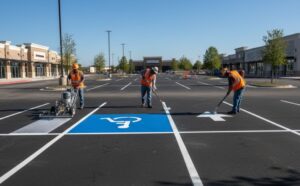 Parking lot line striping and pavement markings in Fort Worth, Texas, for safety and navigation.