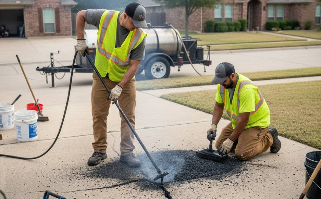 Asphalt repair crew sealing cracks and fixing potholes in North Texas.