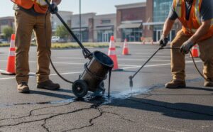 Asphalt crew sealing parking lot cracks in Fort Worth, Texas, for safety and durability.