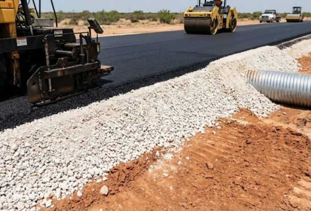 Asphalt pavement base construction in Texas with compacted sub-base and drainage