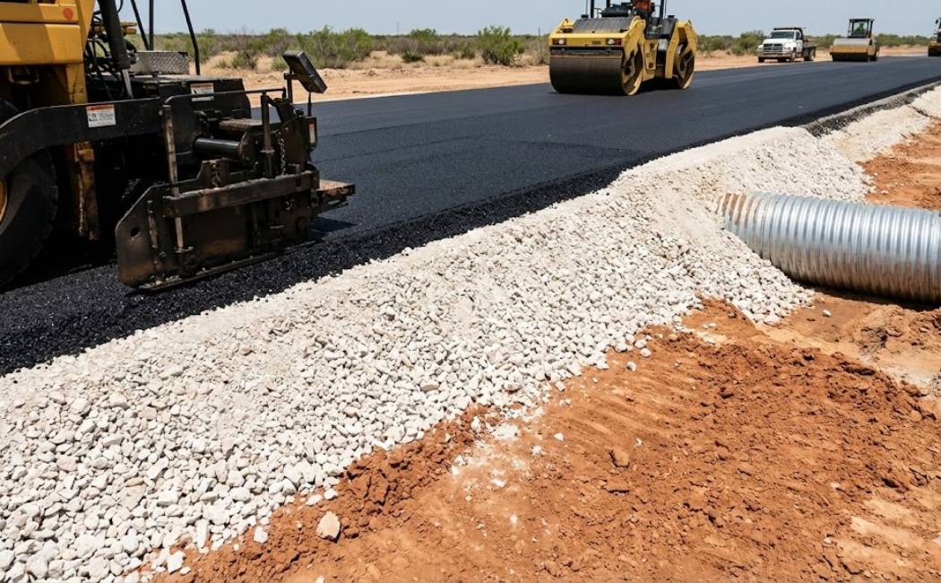 Asphalt pavement base construction in Texas with compacted sub-base and drainage