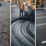 Before and after asphalt stages showing cracked surface, overlay work, and new smooth pavement.