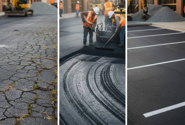 Before and after asphalt stages showing cracked surface, overlay work, and new smooth pavement.