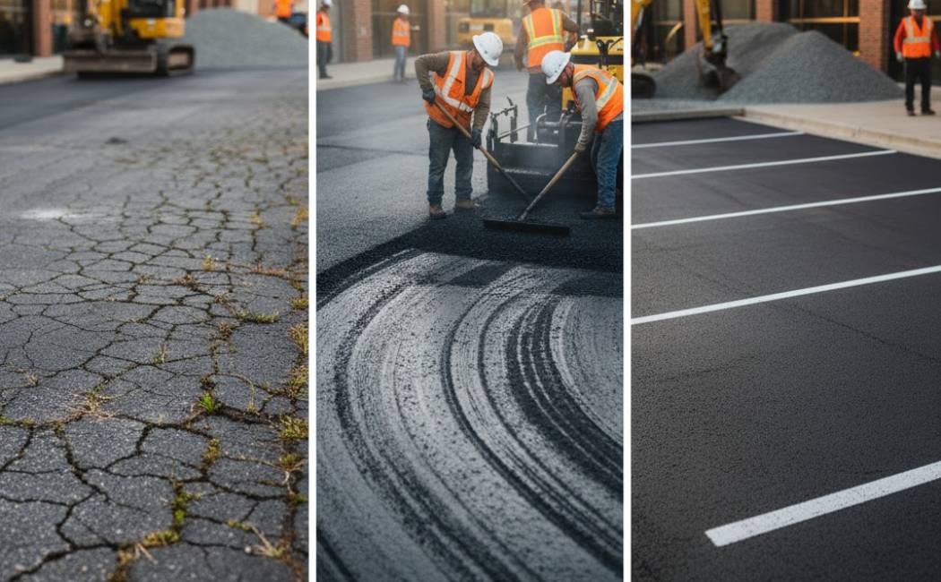 Before and after asphalt stages showing cracked surface, overlay work, and new smooth pavement.