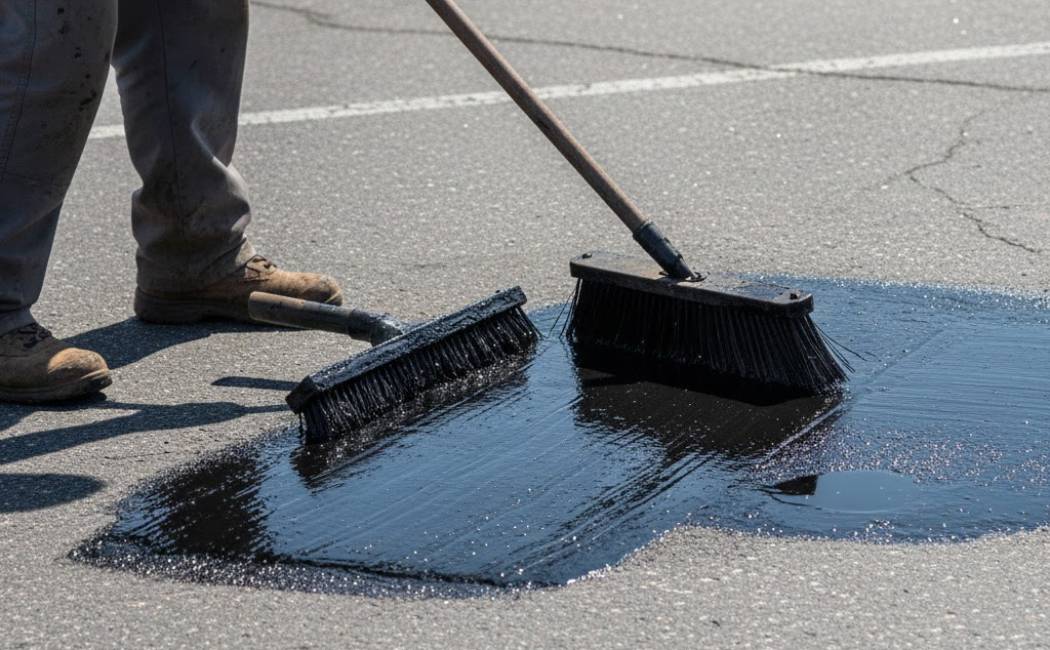 Worker applying sealcoat to worn asphalt surface.