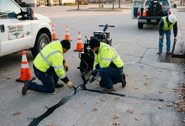 Workers are sealing cracks in a Texas parking lot during a clear December morning.