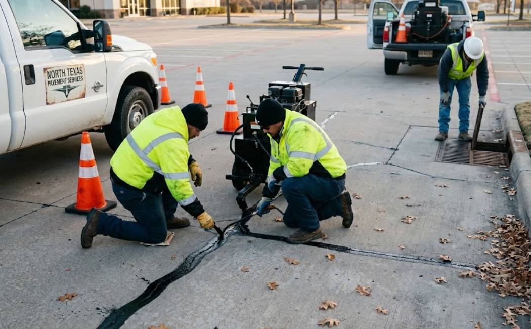 Workers are sealing cracks in a Texas parking lot during a clear December morning.