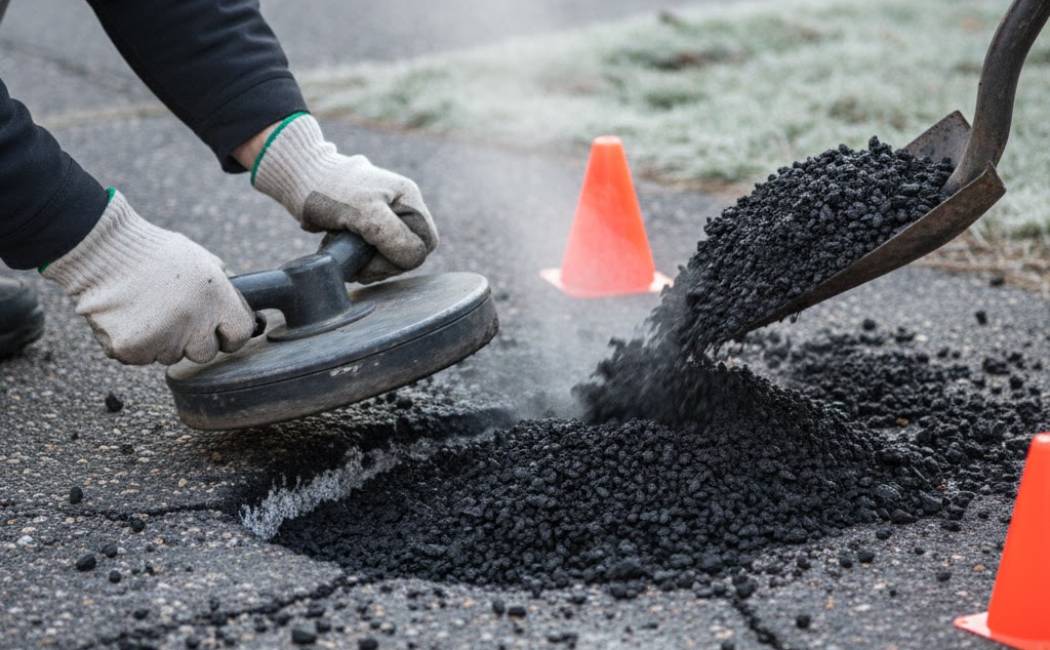 Hands applying cold-patch to a pothole and compacting it with a hand tamper.
