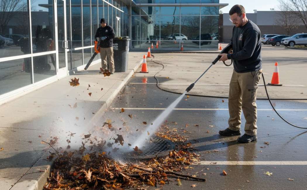  Technician pressure washing a parking lot drain and removing leaves. 