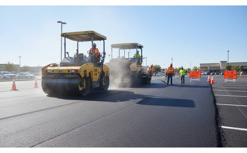 Professional crew resurfacing a commercial parking lot with paving equipment
