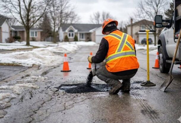 Worker applying cold patch to pothole on wet asphalt driveway during spring thaw