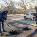 Home with hail and wind damage, roof tarp and restoration crew assessing damage