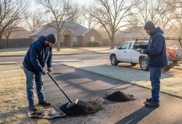 Home with hail and wind damage, roof tarp and restoration crew assessing damage