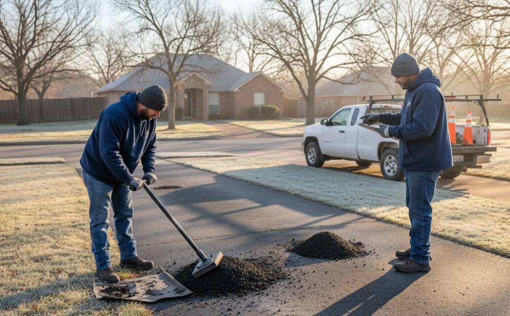 Home with hail and wind damage, roof tarp and restoration crew assessing damage