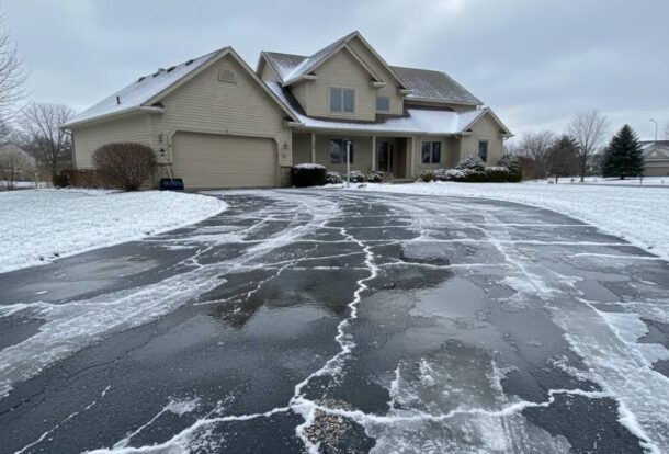 Winter damage to the asphalt driveway caused by snow, ice melt, and standing water