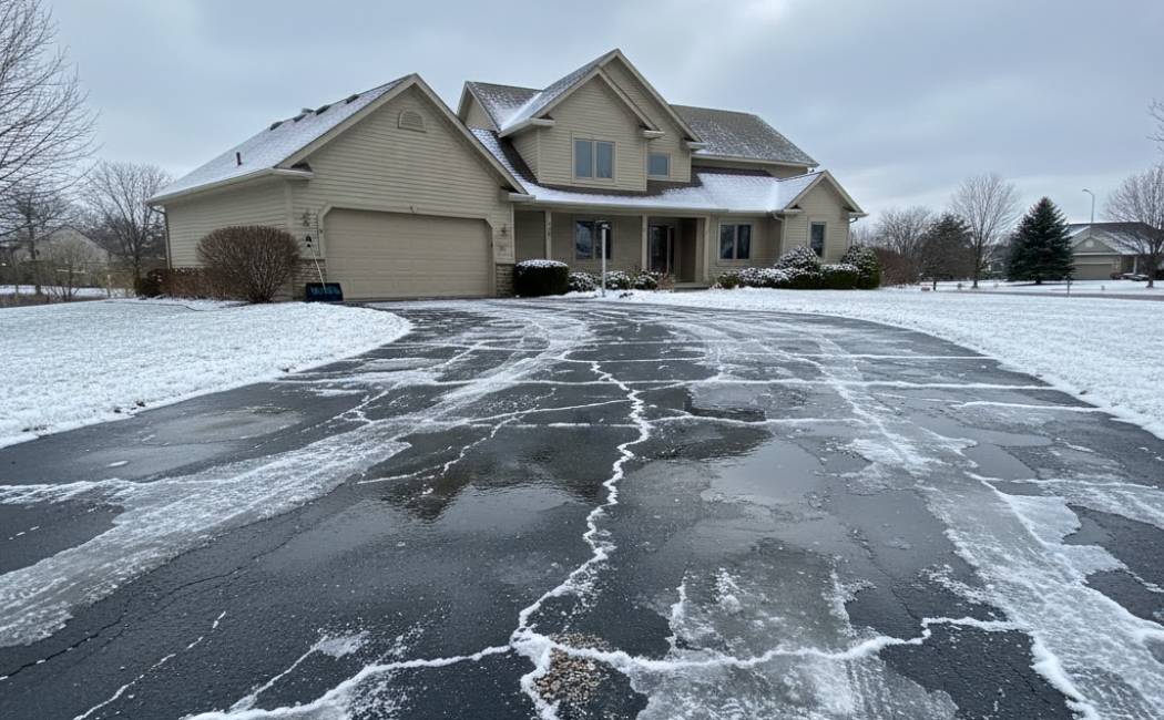 Winter damage to the asphalt driveway caused by snow, ice melt, and standing water