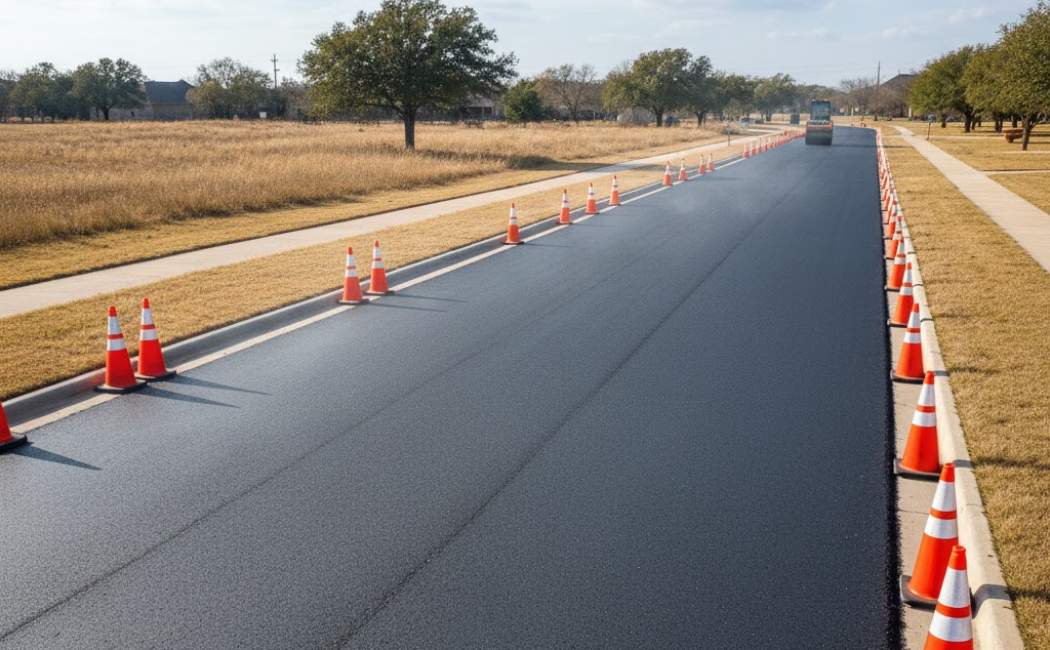 Proper asphalt curing process under ideal weather conditions in Texas