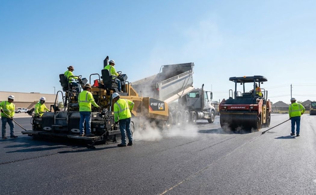 asphalt paving process with a professional crew laying and rolling fresh asphalt