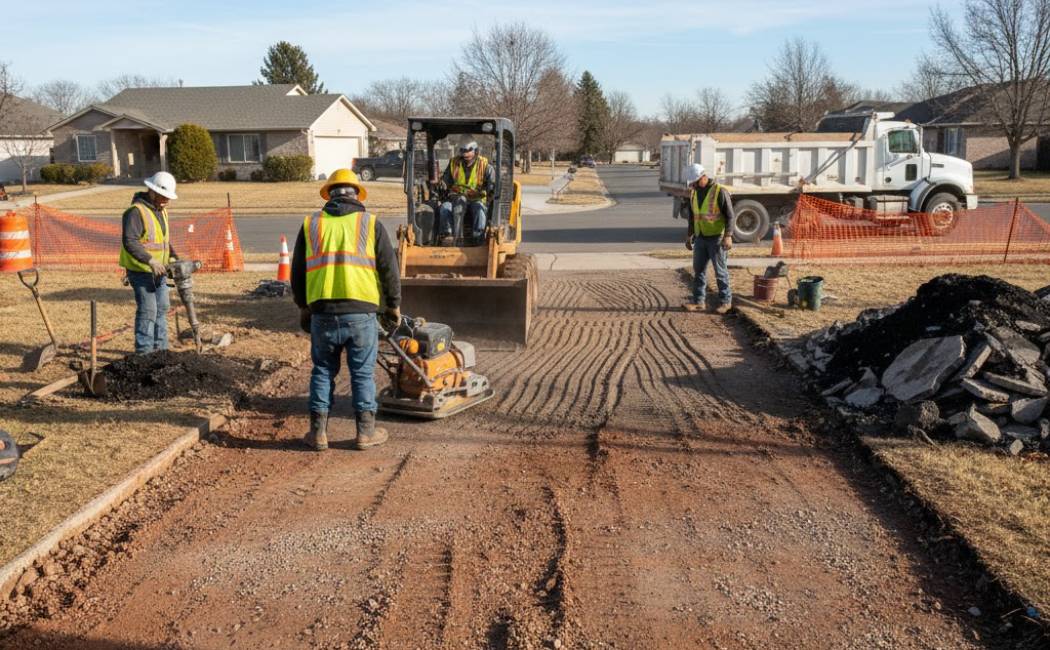 asphalt paving site preparation with grading and soil compaction