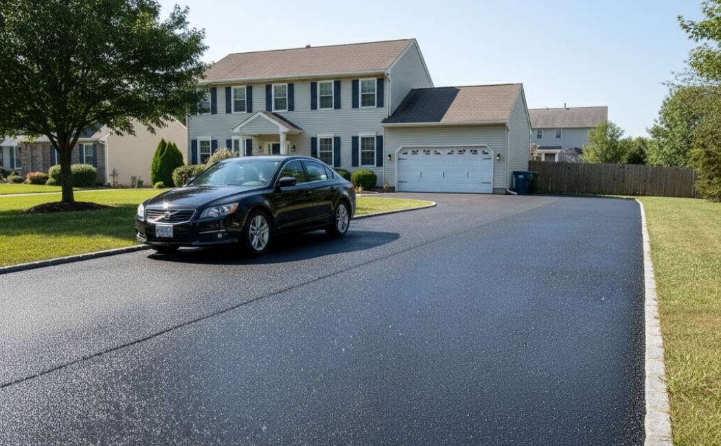 A car driving on a freshly chip-sealed asphalt driveway, showing improved traction, sunlight
