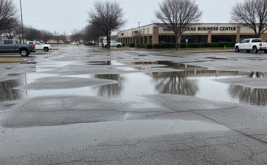 Standing water on asphalt is causing drainage issues in the Texas winter
